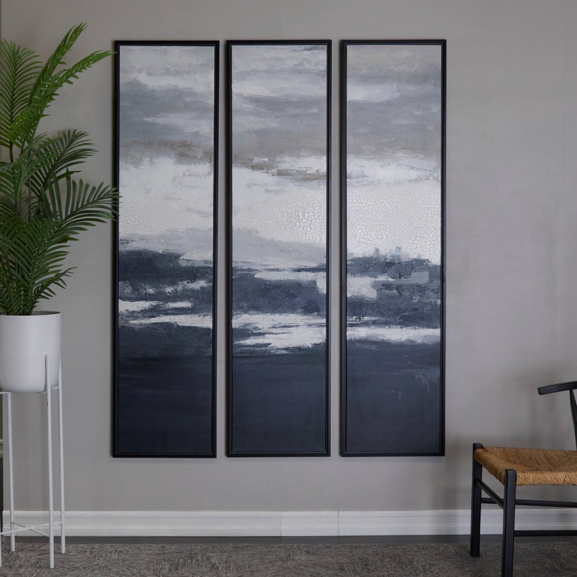 Dark Blue Canvas Landscape Framed Wall Art with Black Frame Set of 3 18", 71"